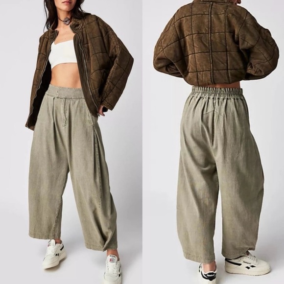 Free People Cool Harbor Barrel / Wide-Leg Pants In Army Green - Picture 2 of 14